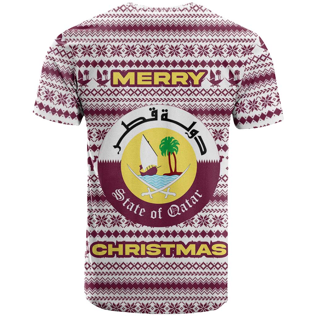 Qatar Christmas T-Shirt with Maroon-White Pattern, National Emblem, and Camel Motif Graphic Tee