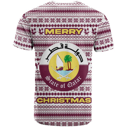 Qatar Christmas T-Shirt with Maroon-White Pattern, National Emblem, and Camel Motif Graphic Tee