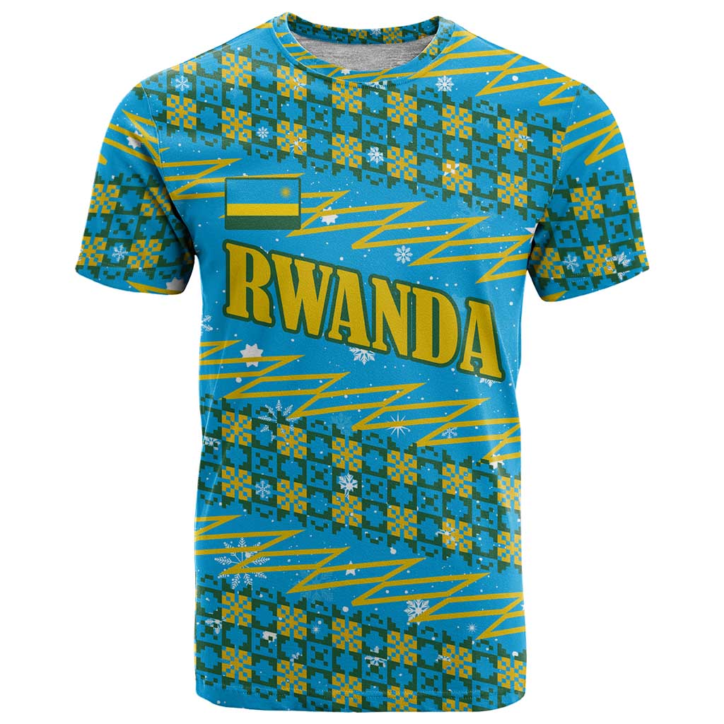 Rwanda Christmas T-Shirt with Blue-Yellow Pattern, Festive Geometric Motifs, and Bold Typography Graphic Tee