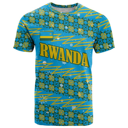 Rwanda Christmas T-Shirt with Blue-Yellow Pattern, Festive Geometric Motifs, and Bold Typography Graphic Tee