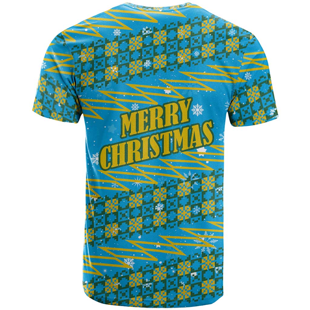 Rwanda Christmas T-Shirt with Blue-Yellow Pattern, Festive Geometric Motifs, and Bold Typography Graphic Tee