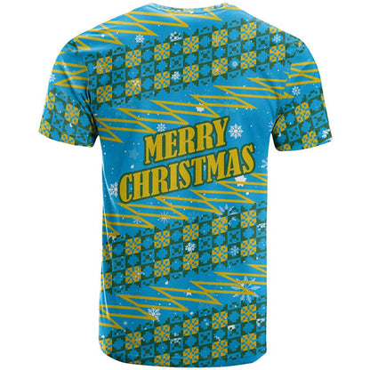 Rwanda Christmas T-Shirt with Blue-Yellow Pattern, Festive Geometric Motifs, and Bold Typography Graphic Tee