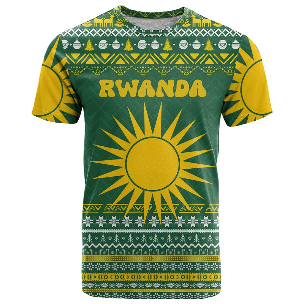 Rwanda Christmas T-Shirt with Green-Yellow Pattern, National Emblem, and Radiant Sun Motif Graphic Tee