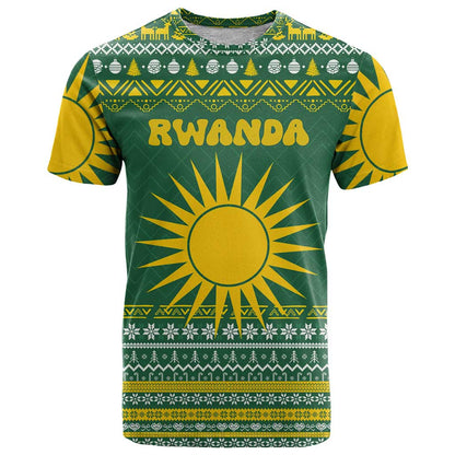 Rwanda Christmas T-Shirt with Green-Yellow Pattern, National Emblem, and Radiant Sun Motif Graphic Tee