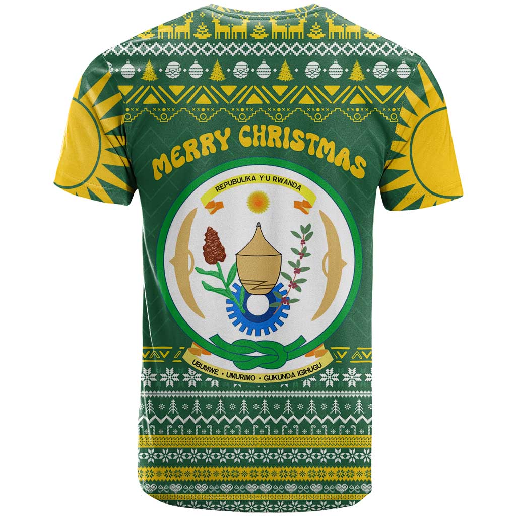 Rwanda Christmas T-Shirt with Green-Yellow Pattern, National Emblem, and Radiant Sun Motif Graphic Tee