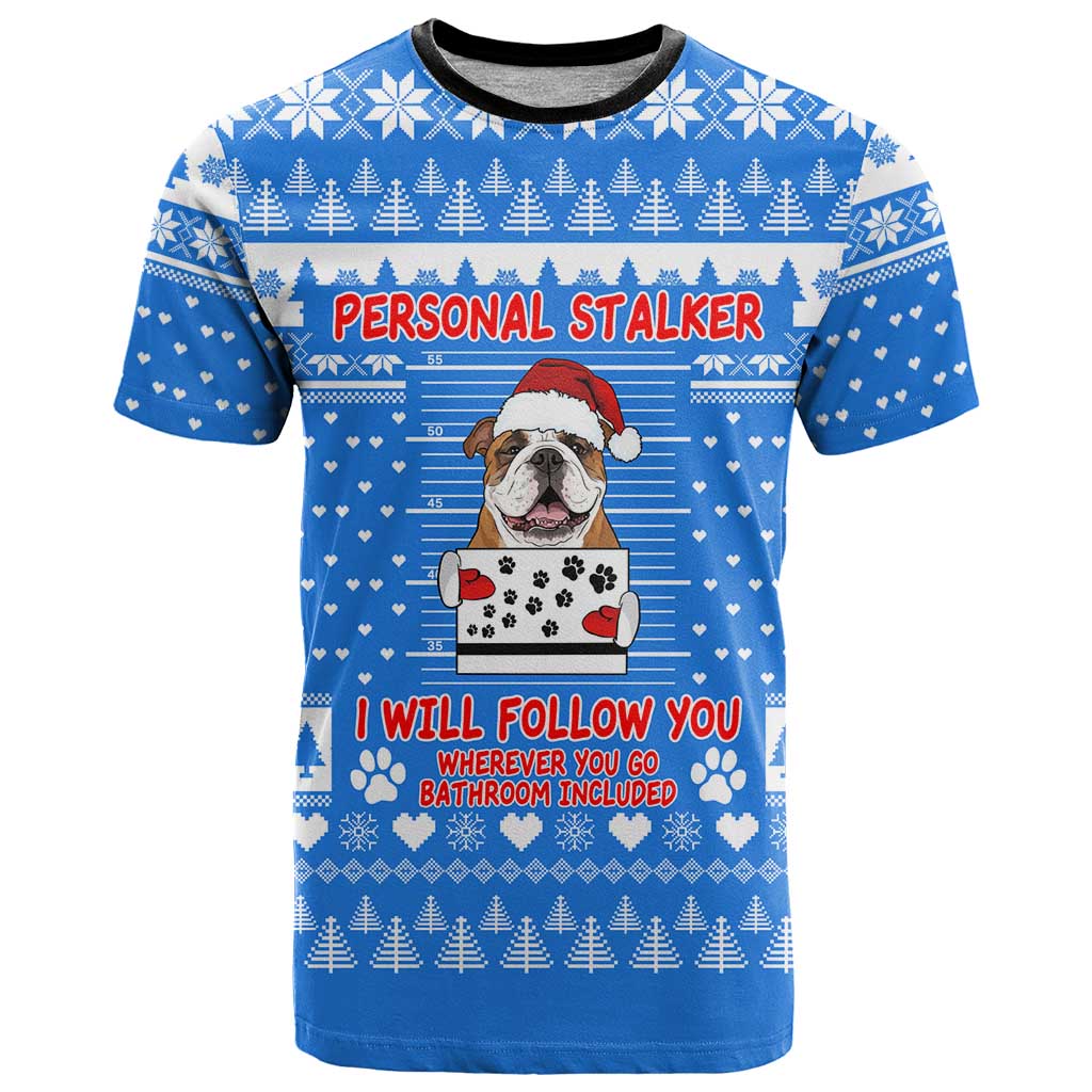 Christmas Stalker Bulldog T-Shirt Xmas Holiday Patterns Graphic Tee