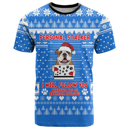Christmas Stalker Bulldog T-Shirt Xmas Holiday Patterns Graphic Tee