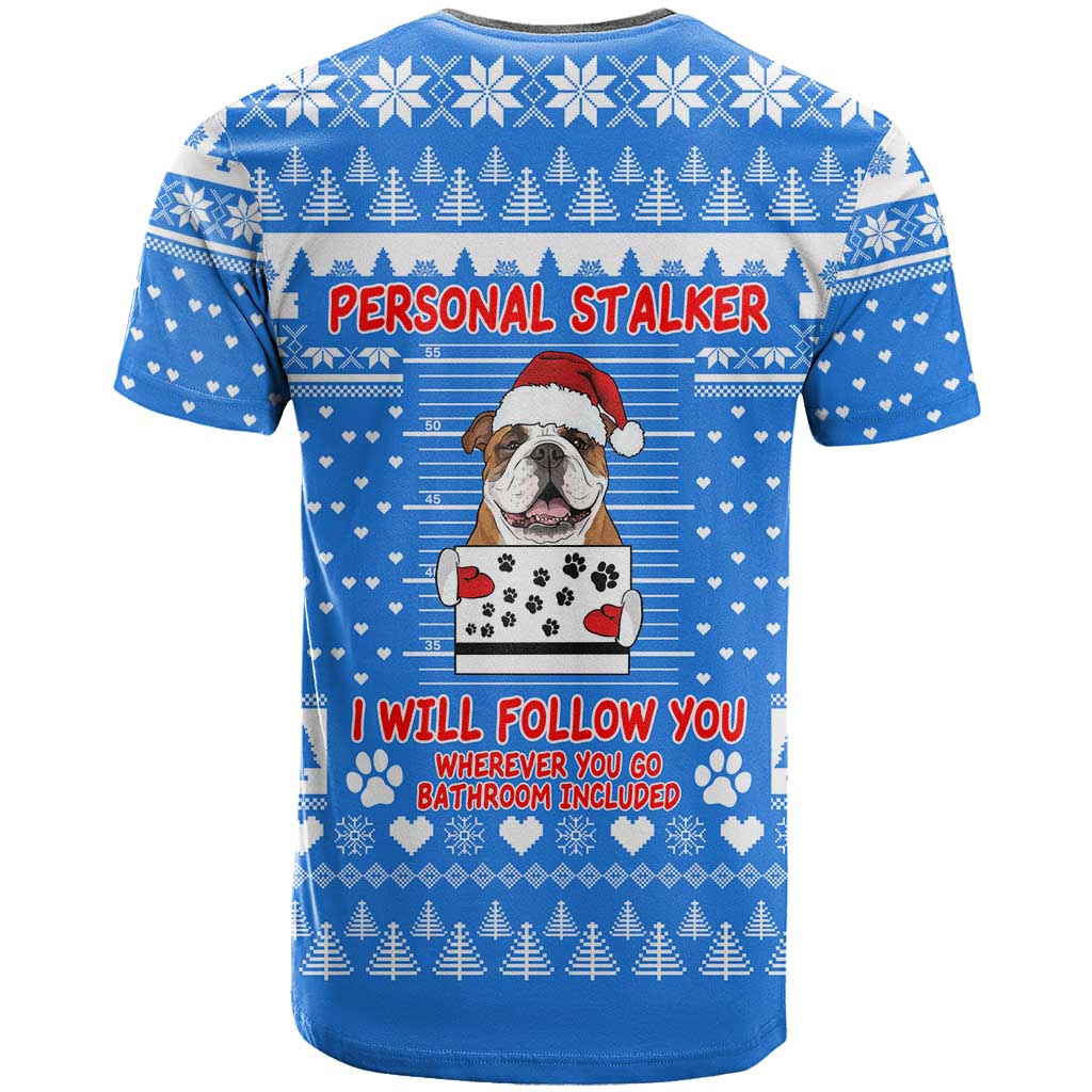 Christmas Stalker Bulldog T-Shirt Xmas Holiday Patterns Graphic Tee