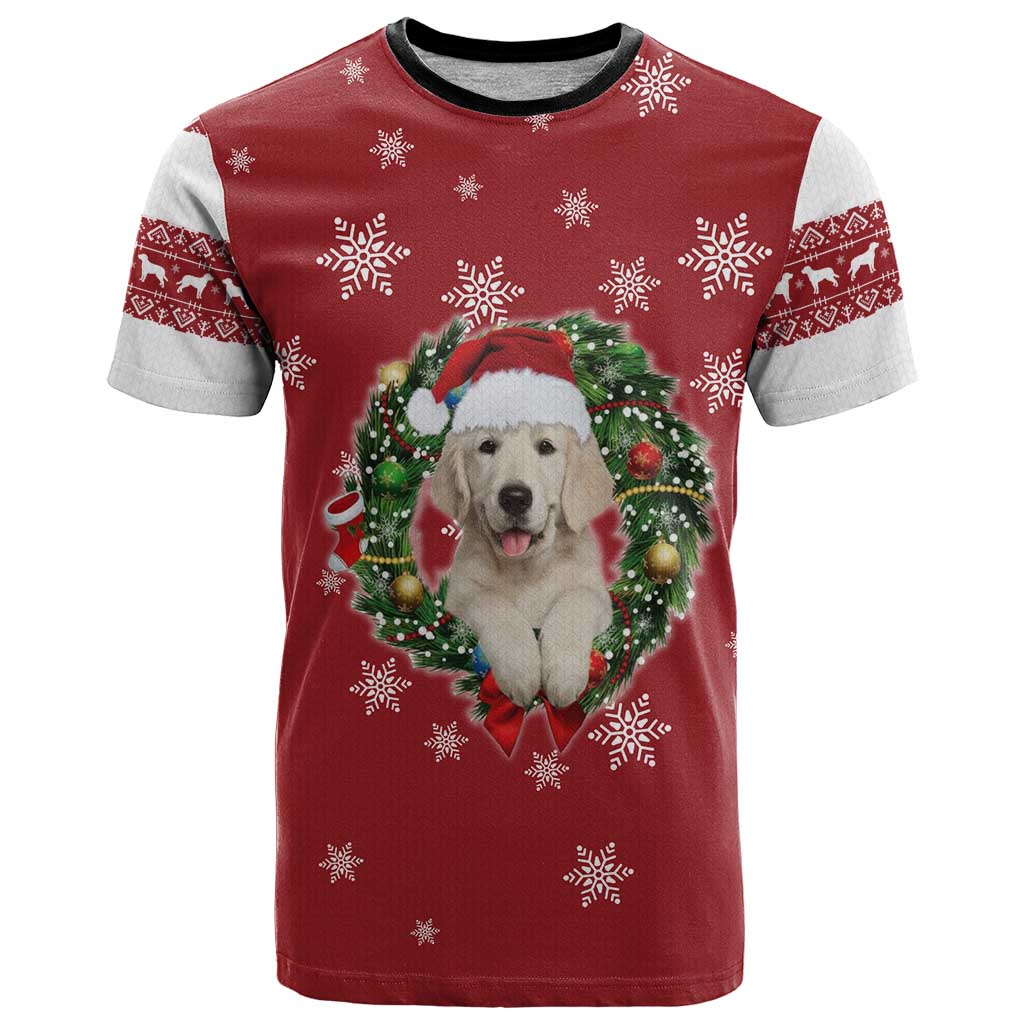Golden Retriever Christmas T-Shirt with Santa Hat Wreath and Snowflake Design Graphic Tee