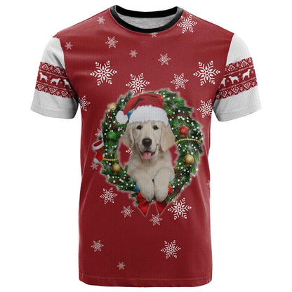 Golden Retriever Christmas T-Shirt with Santa Hat Wreath and Snowflake Design Graphic Tee