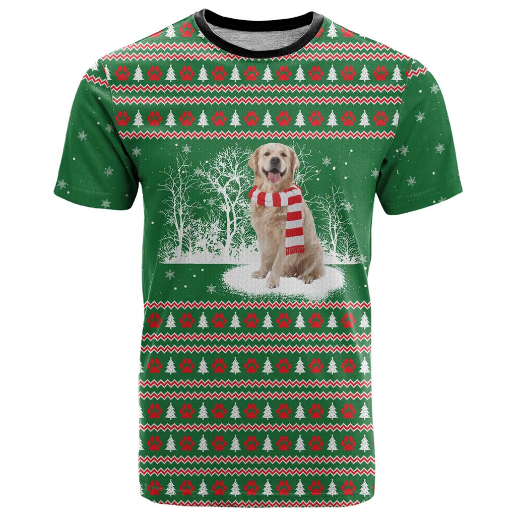Golden Retriever Christmas T-Shirt with Red Scarf Snowflakes and Tree Pattern Graphic Tee