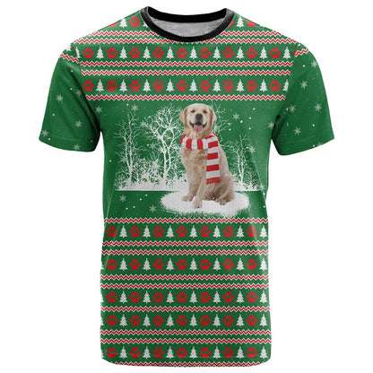 Golden Retriever Christmas T-Shirt with Red Scarf Snowflakes and Tree Pattern Graphic Tee