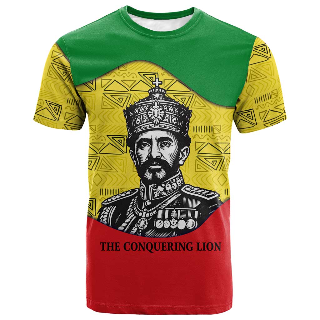 Haile Selassie I T-Shirt Ethiopia Lion of Judah and Conquering Lion Pattern Tribute Graphic Tee