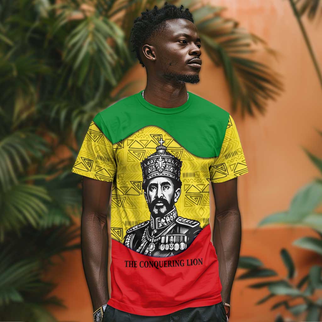 Haile Selassie I T-Shirt Ethiopia Lion of Judah and Conquering Lion Pattern Tribute Graphic Tee