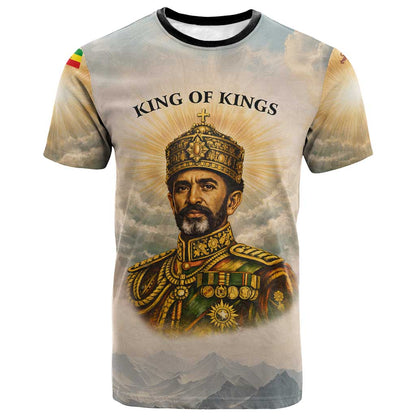 Haile Selassie I Ethiopia T-Shirt with King of Kings and Conquering Lion Cloud Rays and Regal Portrait Graphic Tee