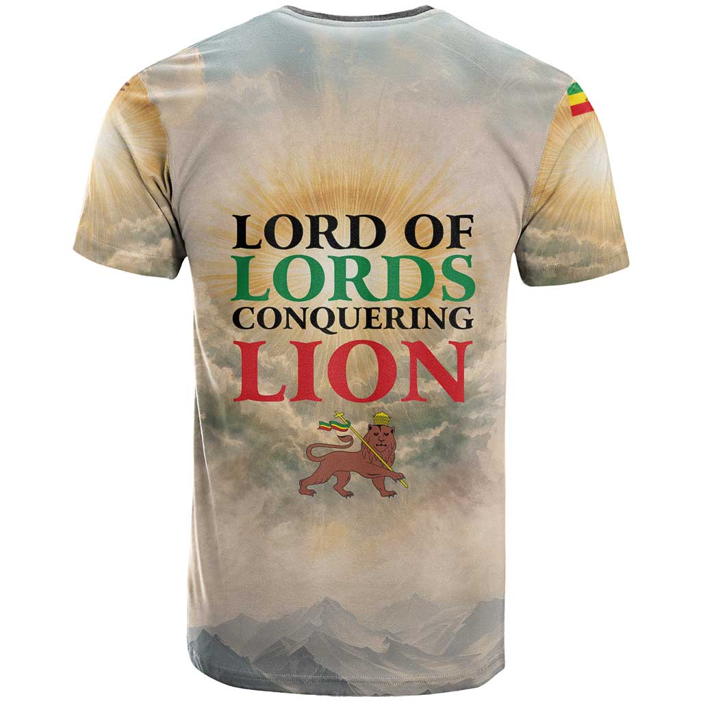Haile Selassie I Ethiopia T-Shirt with King of Kings and Conquering Lion Cloud Rays and Regal Portrait Graphic Tee