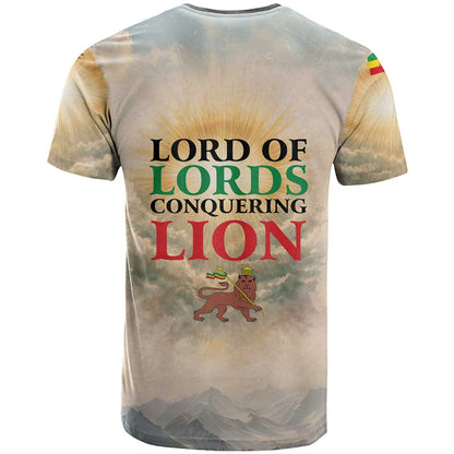 Haile Selassie I Ethiopia T-Shirt with King of Kings and Conquering Lion Cloud Rays and Regal Portrait Graphic Tee
