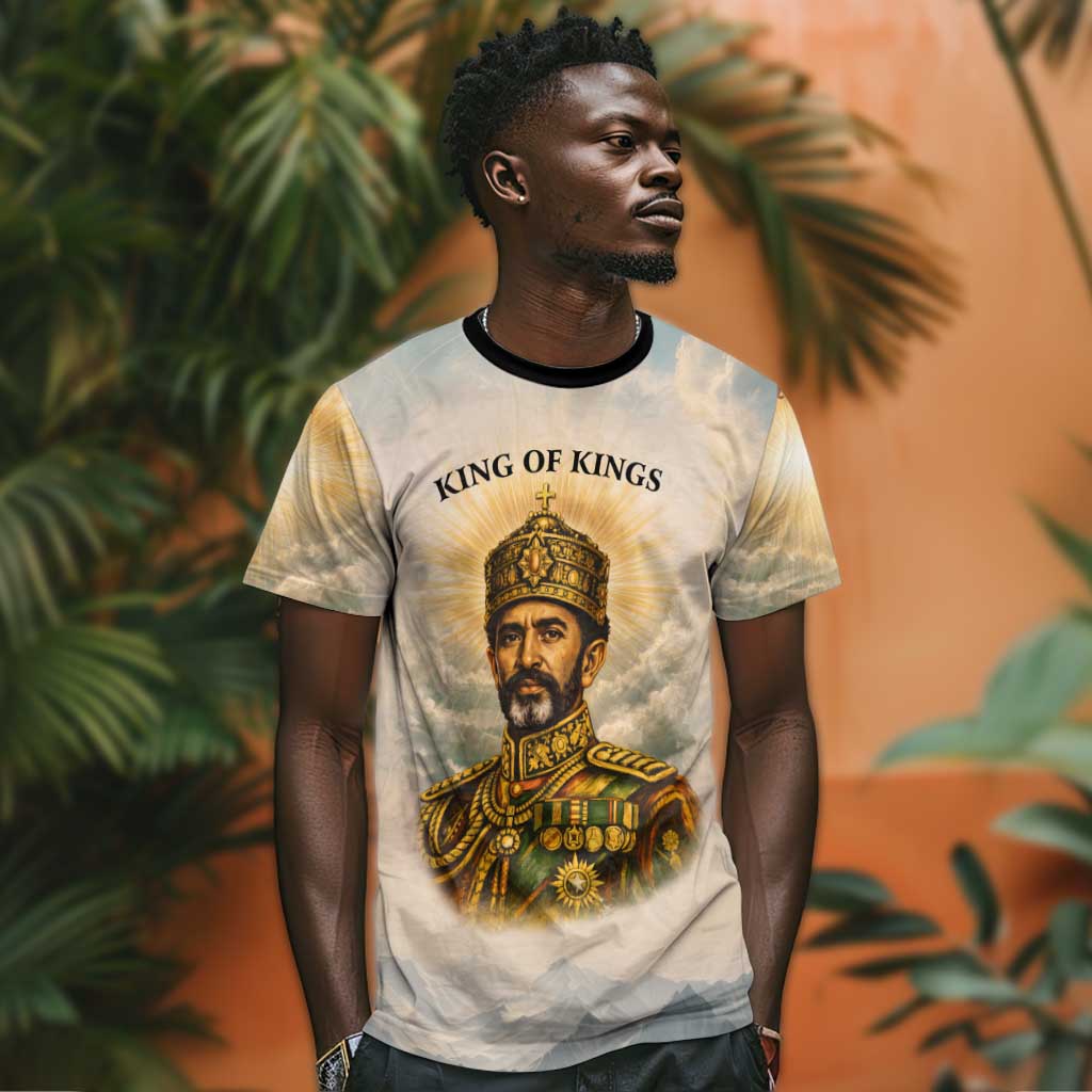 Haile Selassie I Ethiopia T-Shirt with King of Kings and Conquering Lion Cloud Rays and Regal Portrait Graphic Tee