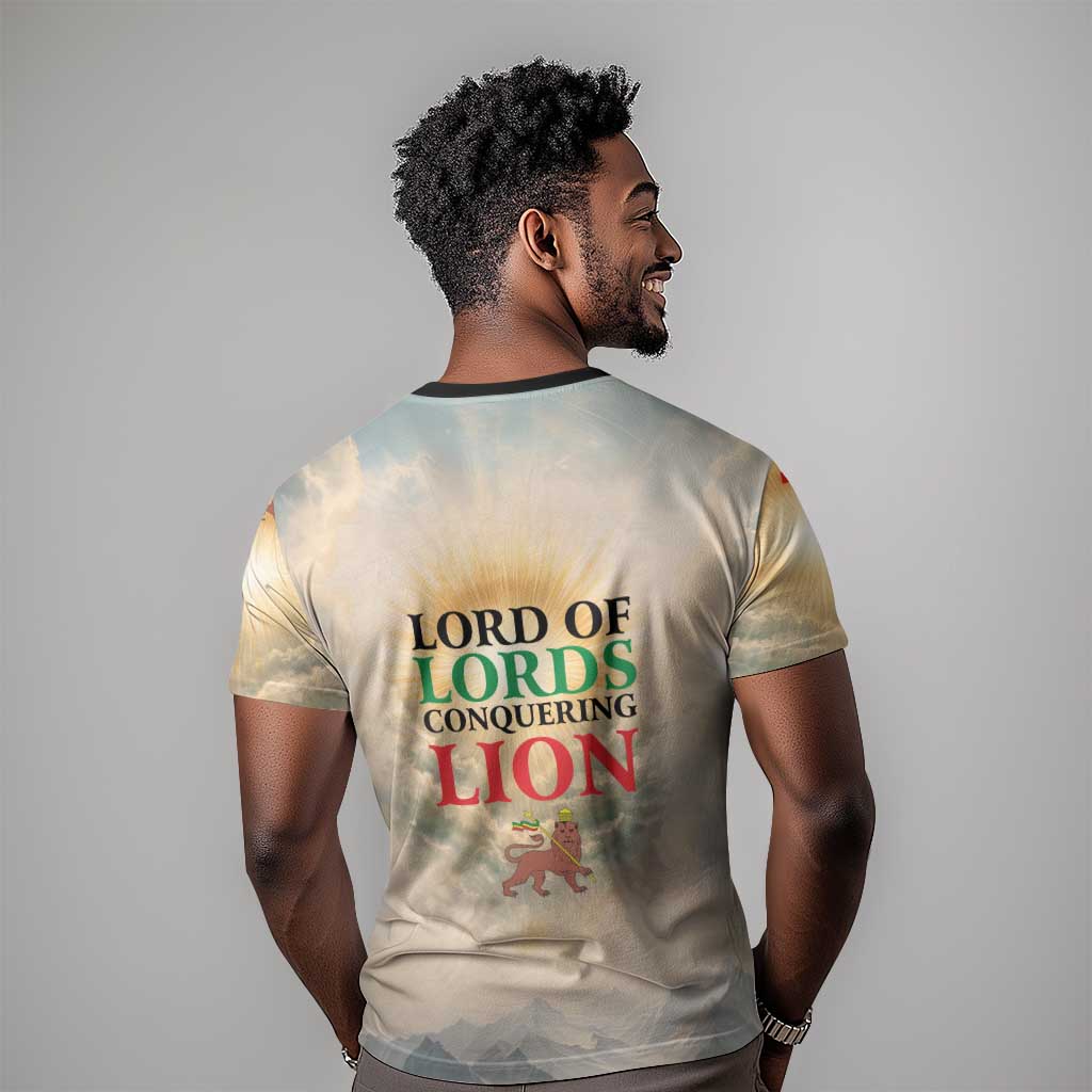 Haile Selassie I Ethiopia T-Shirt with King of Kings and Conquering Lion Cloud Rays and Regal Portrait Graphic Tee
