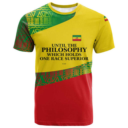Ethiopia Haile Selassie I T-Shirt with Addis Ababa 1963 Speech Quote Pan-African Flag Colors and Kente Pattern Graphic Tee