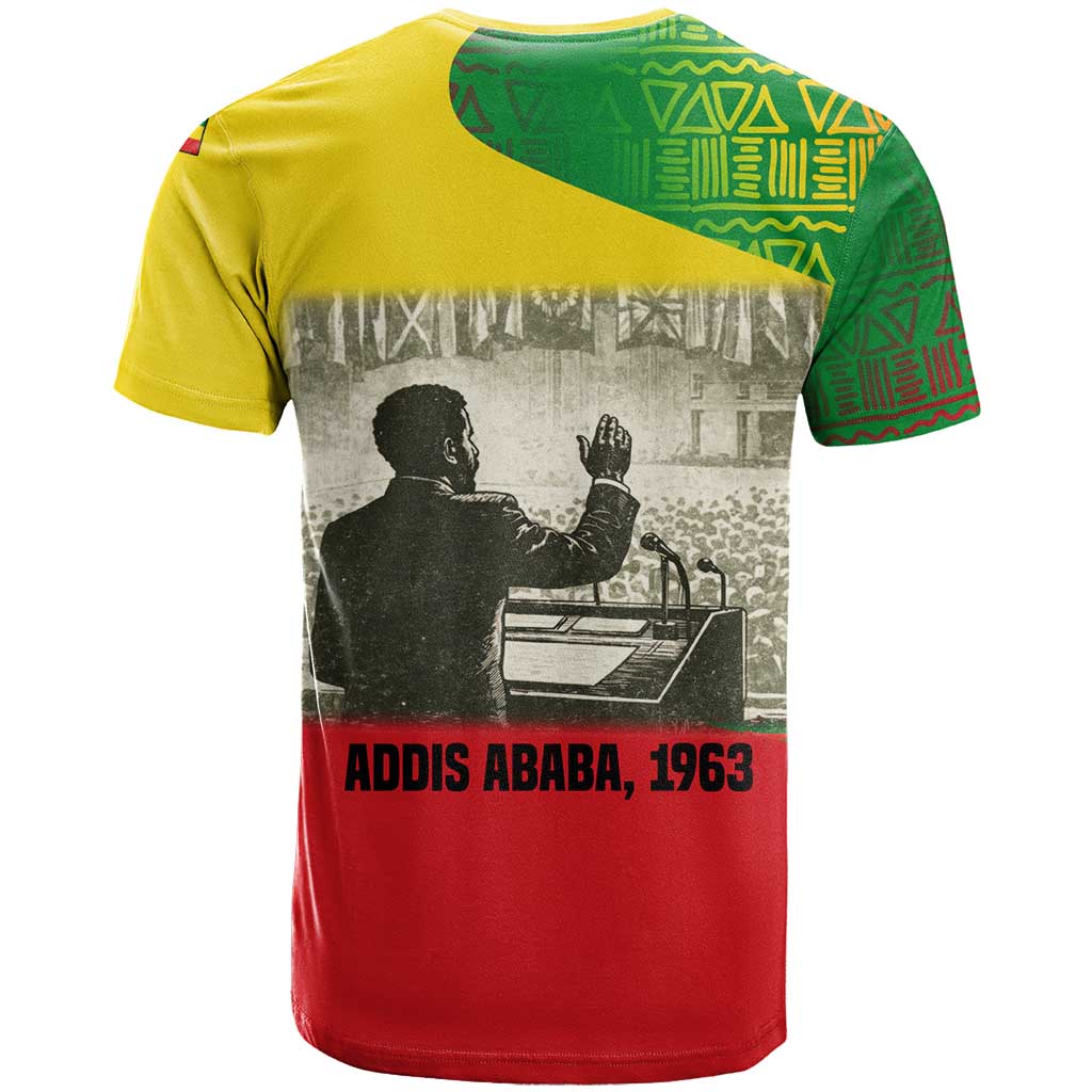 Ethiopia Haile Selassie I T-Shirt with Addis Ababa 1963 Speech Quote Pan-African Flag Colors and Kente Pattern Graphic Tee