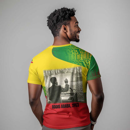 Ethiopia Haile Selassie I T-Shirt with Addis Ababa 1963 Speech Quote Pan-African Flag Colors and Kente Pattern Graphic Tee