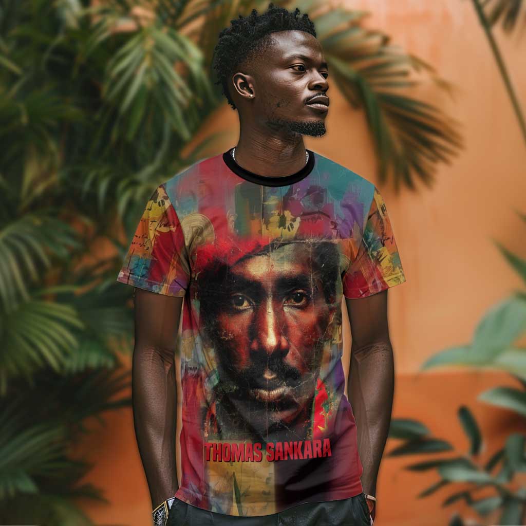 Thomas Sankara Burkina Faso T-Shirt with Bold Portrait and The Upright Man Tribute Design Graphic Tee