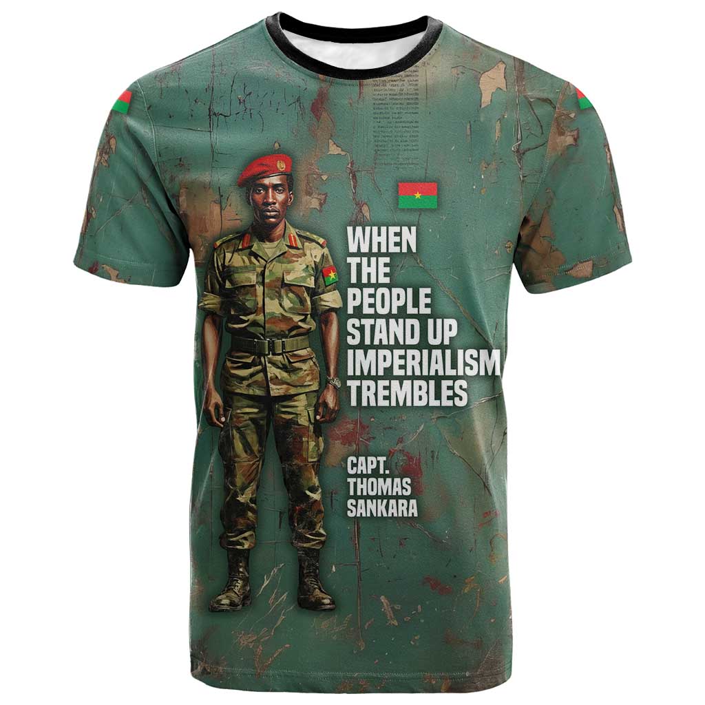 Burkina Faso Thomas Sankara T-Shirt with Military Stance and Anti-Imperialist Quote Tribute Design Graphic Tee