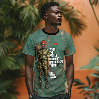 Burkina Faso Thomas Sankara T-Shirt with Military Stance and Anti-Imperialist Quote Tribute Design Graphic Tee