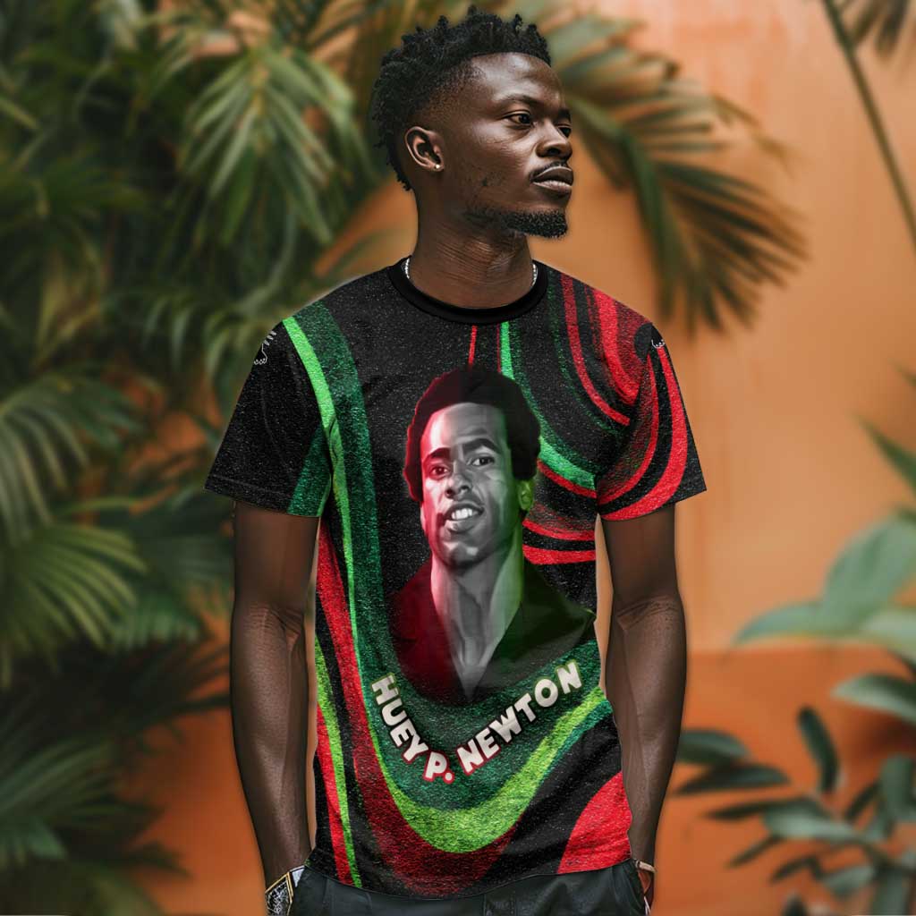 Huey P. Newton T-Shirt Swirl Design Black Panther Party Symbol Revolutionary Tribute Graphic Tee