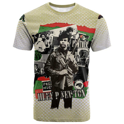 Huey P. Newton T-Shirt Black Panther Collage Design Civil Rights Movement Theme Revolutionary Tribute Graphic Tee