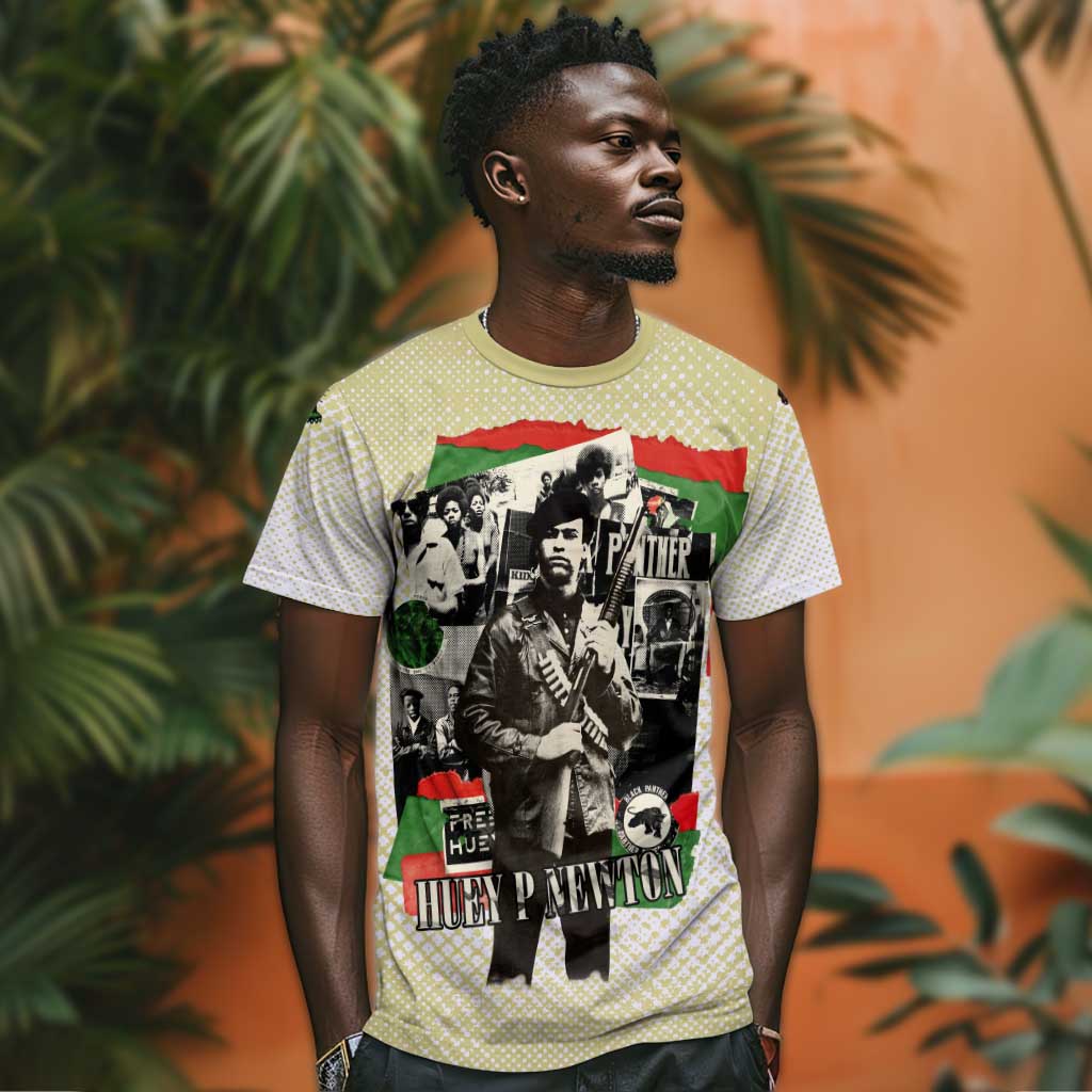 Huey P. Newton T-Shirt Black Panther Collage Design Civil Rights Movement Theme Revolutionary Tribute Graphic Tee