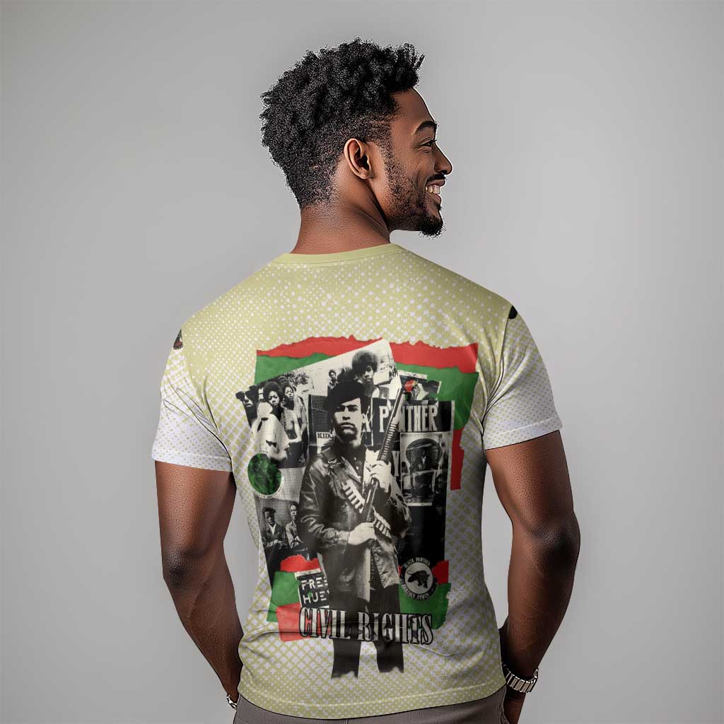 Huey P. Newton T-Shirt Black Panther Collage Design Civil Rights Movement Theme Revolutionary Tribute Graphic Tee