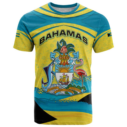 Bahamas Flag T-Shirt with National Coat of Arms and Sea Turtle Design Graphic Tee