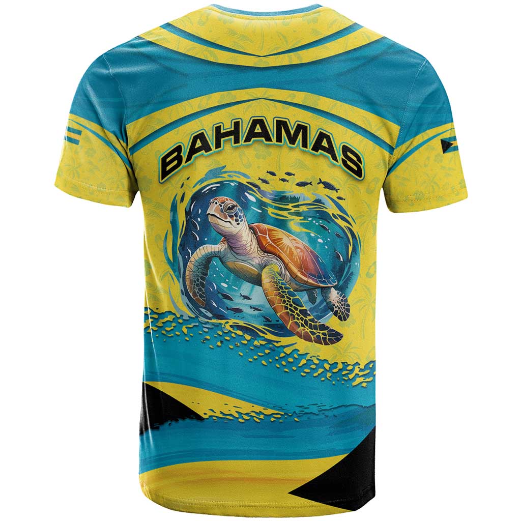 Bahamas Flag T-Shirt with National Coat of Arms and Sea Turtle Design Graphic Tee