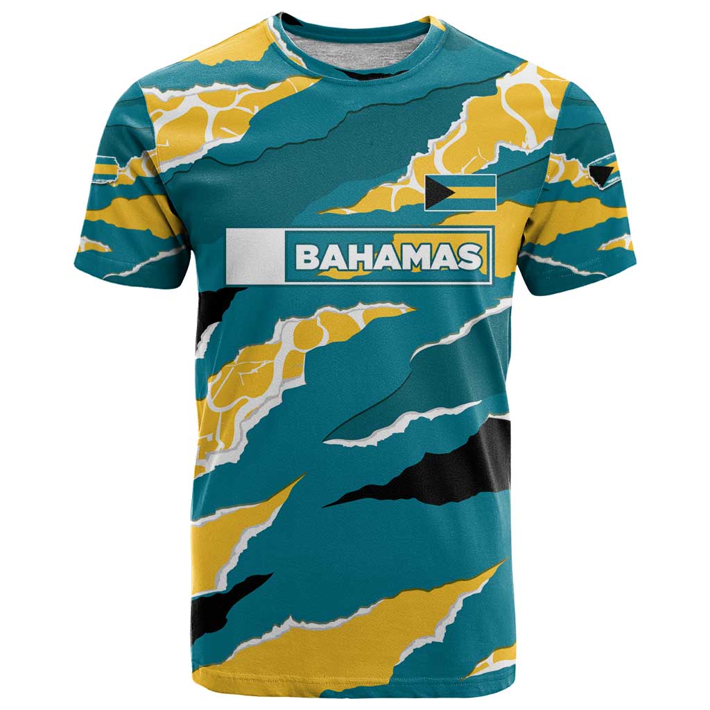 Bahamas T-Shirt with National Coat of Arms Teal Yellow Ocean Wave Spirit Graphic Tee