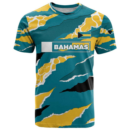 Bahamas T-Shirt with National Coat of Arms Teal Yellow Ocean Wave Spirit Graphic Tee