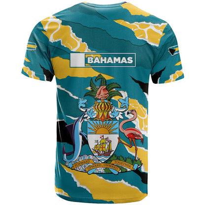 Bahamas T-Shirt with National Coat of Arms Teal Yellow Ocean Wave Spirit Graphic Tee