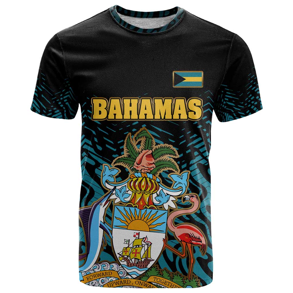 Bahamas Coat of Arms and Flag T-Shirt with Blue Coral Pattern and Marlin Crest Graphic Tee