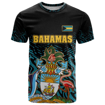 Bahamas Coat of Arms and Flag T-Shirt with Blue Coral Pattern and Marlin Crest Graphic Tee