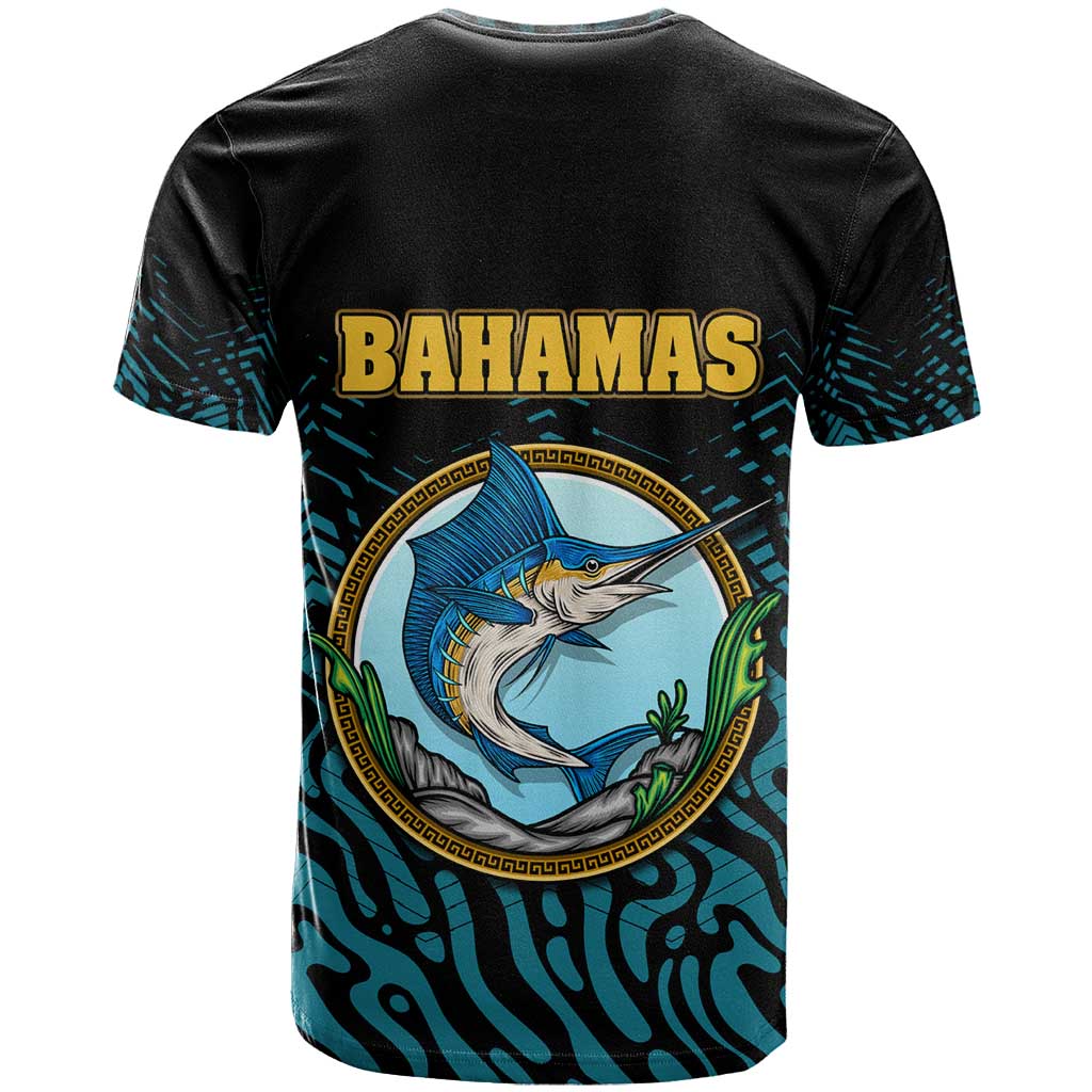 Bahamas Coat of Arms and Flag T-Shirt with Blue Coral Pattern and Marlin Crest Graphic Tee