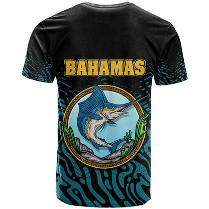 Bahamas Coat of Arms and Flag T-Shirt with Blue Coral Pattern and Marlin Crest Graphic Tee