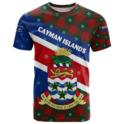 Cayman Islands Xmas T-Shirt Christmas Plaid Turtle and Coat of Arms Red Green Blue Graphic Tee