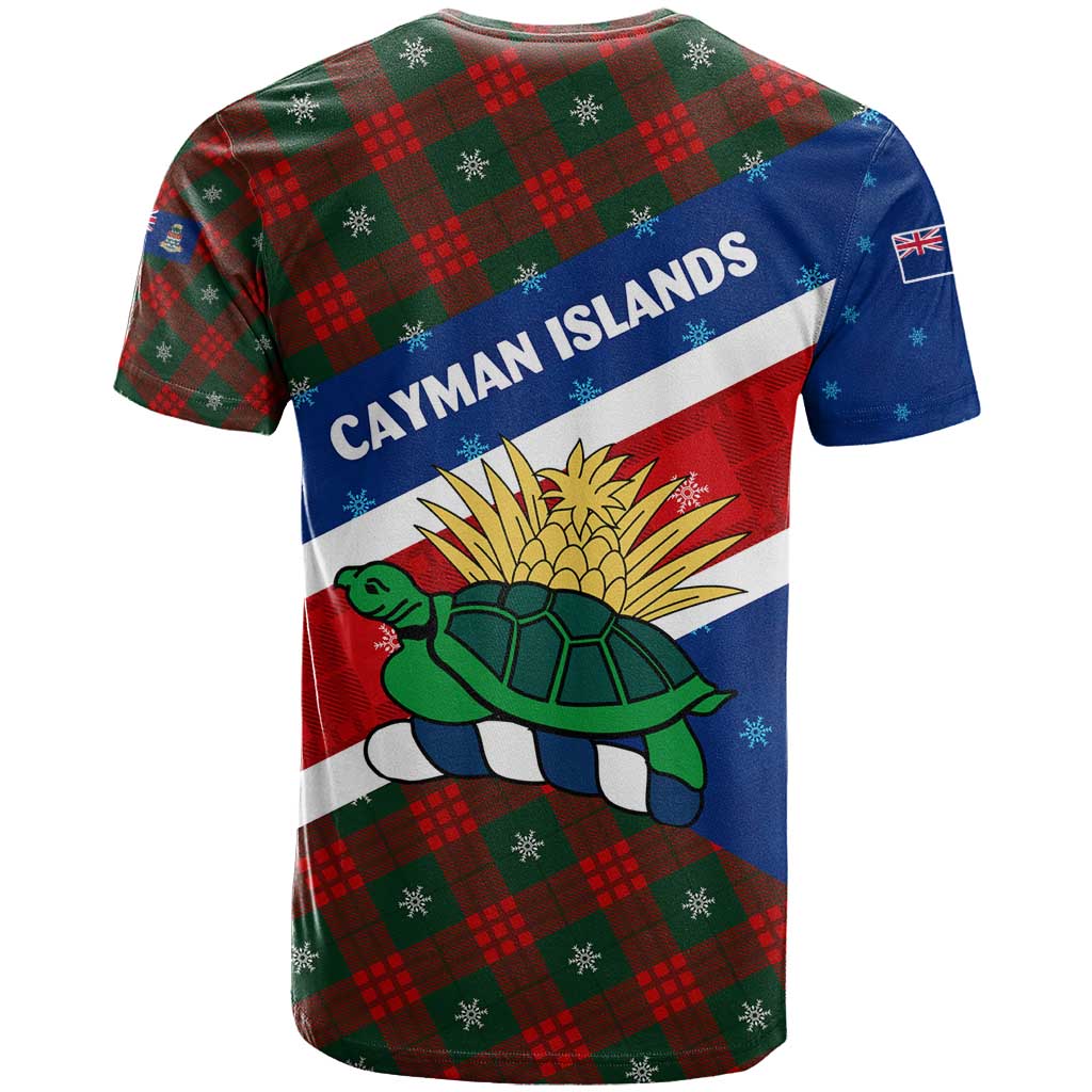 Cayman Islands Xmas T-Shirt Christmas Plaid Turtle and Coat of Arms Red Green Blue Graphic Tee