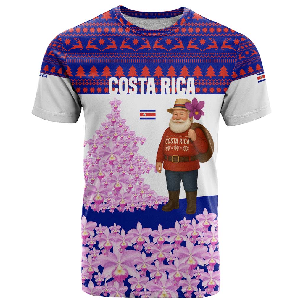 Costa Rica Christmas T-Shirt with Santa Claus Pink Orchid Tree National Emblem and Festive Pattern Design Graphic Tee