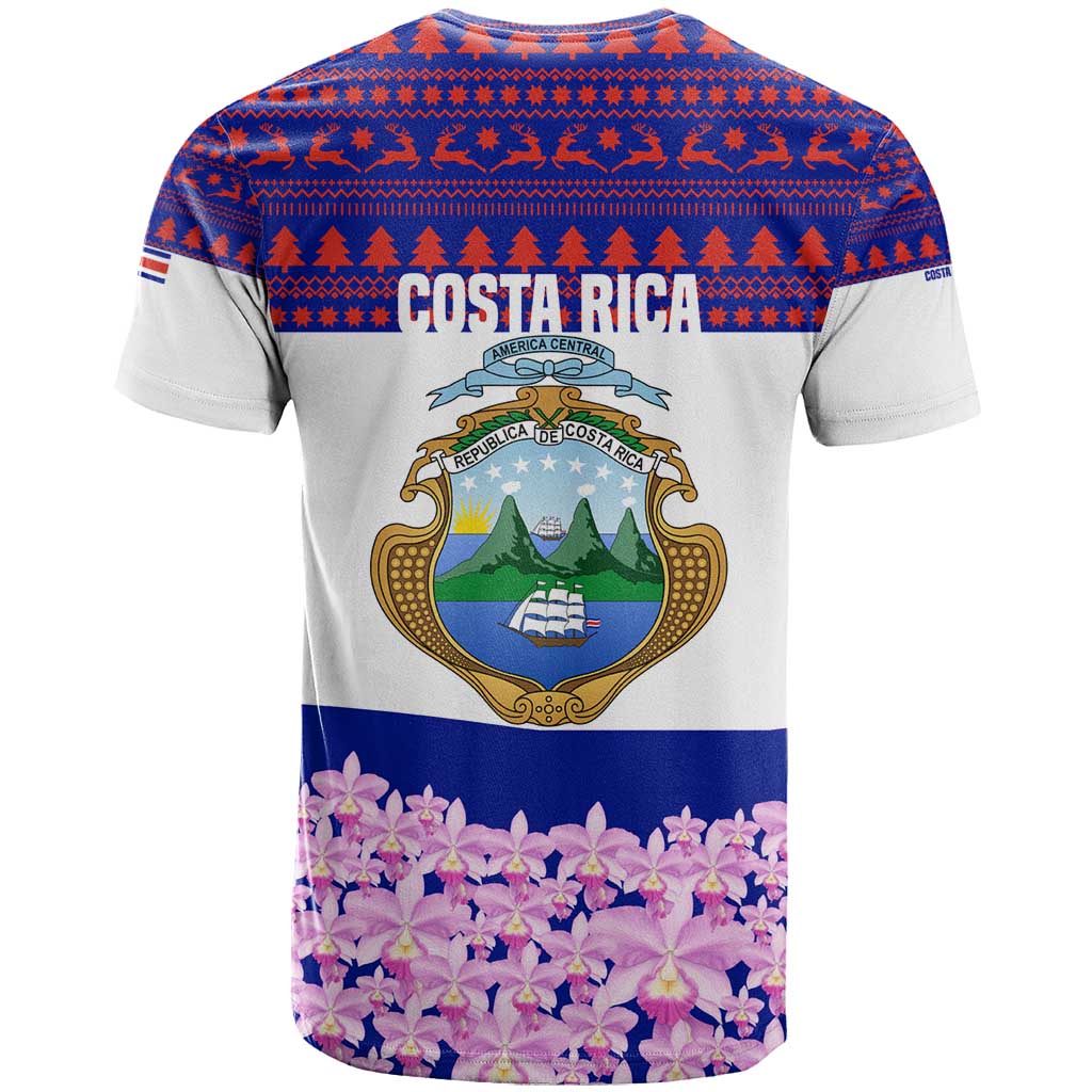 Costa Rica Christmas T-Shirt with Santa Claus Pink Orchid Tree National Emblem and Festive Pattern Design Graphic Tee
