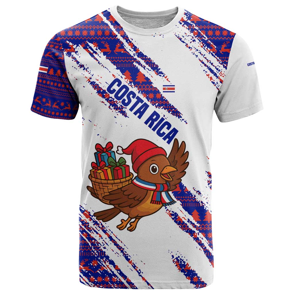 Costa Rica Christmas T-Shirt with Holiday Bird Gifts Red Blue Pattern and National Flag Design Graphic Tee