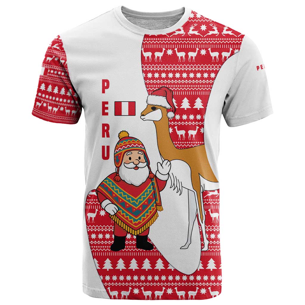 Peru Christmas T-Shirt with Santa Claus Vicuña Andean Poncho and Red Festive Pattern Design Graphic Tee