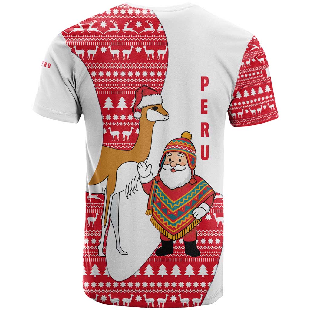 Peru Christmas T-Shirt with Santa Claus Vicuña Andean Poncho and Red Festive Pattern Design Graphic Tee