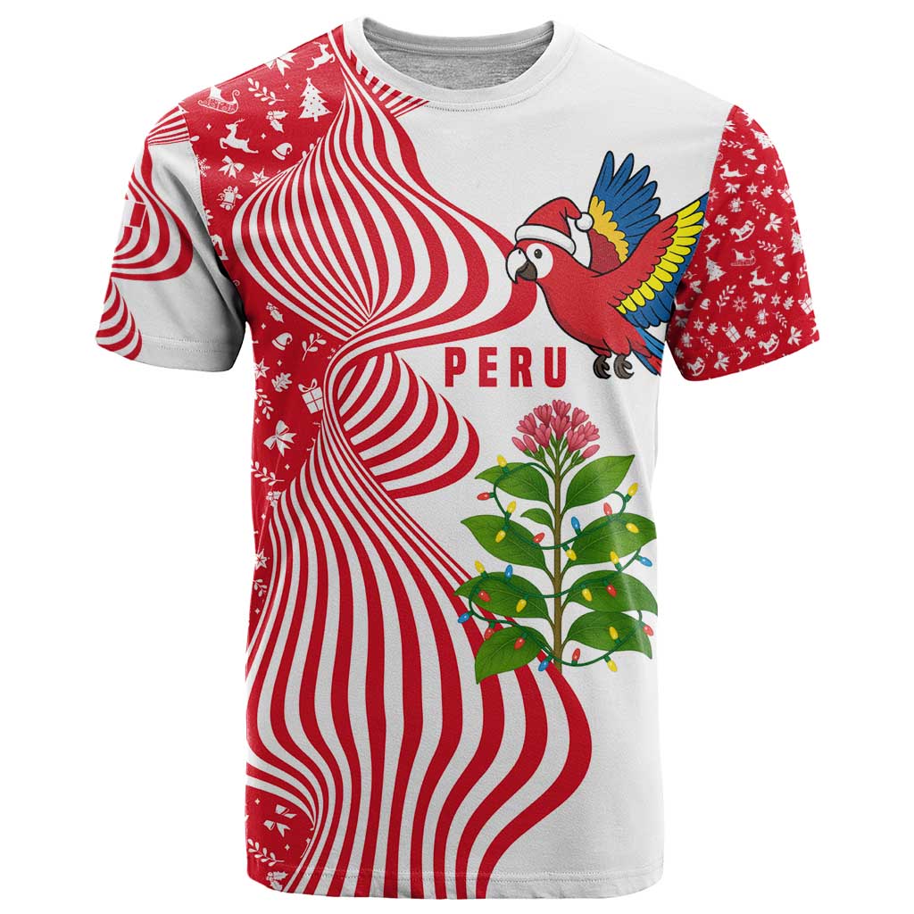 Peru Christmas T-Shirt with Santa Macaw Cantuta Flower Red Swirl Pattern and Festive Design Graphic Tee